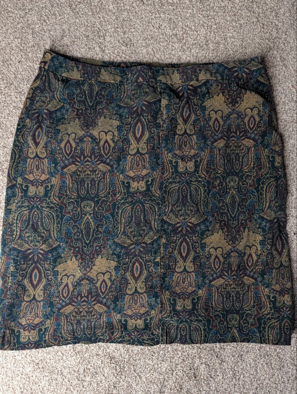 90s Tapestry Print Mini Skirt Teal Paisley Stretch Vintage Look